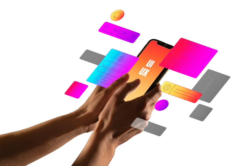 Smartphone com interface de aplicativo e cards flutuantes representando UI/UX